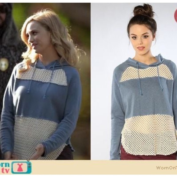 Free People Crochet Panel Blue Pullover Hoodie Sweatshirt Medium - Picture 11 of 13